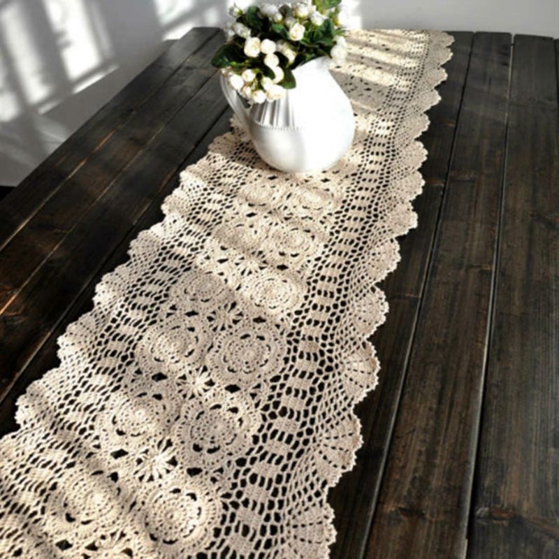 Vintage Hand-Crocheted Cotton Lace Table Runner, Floral