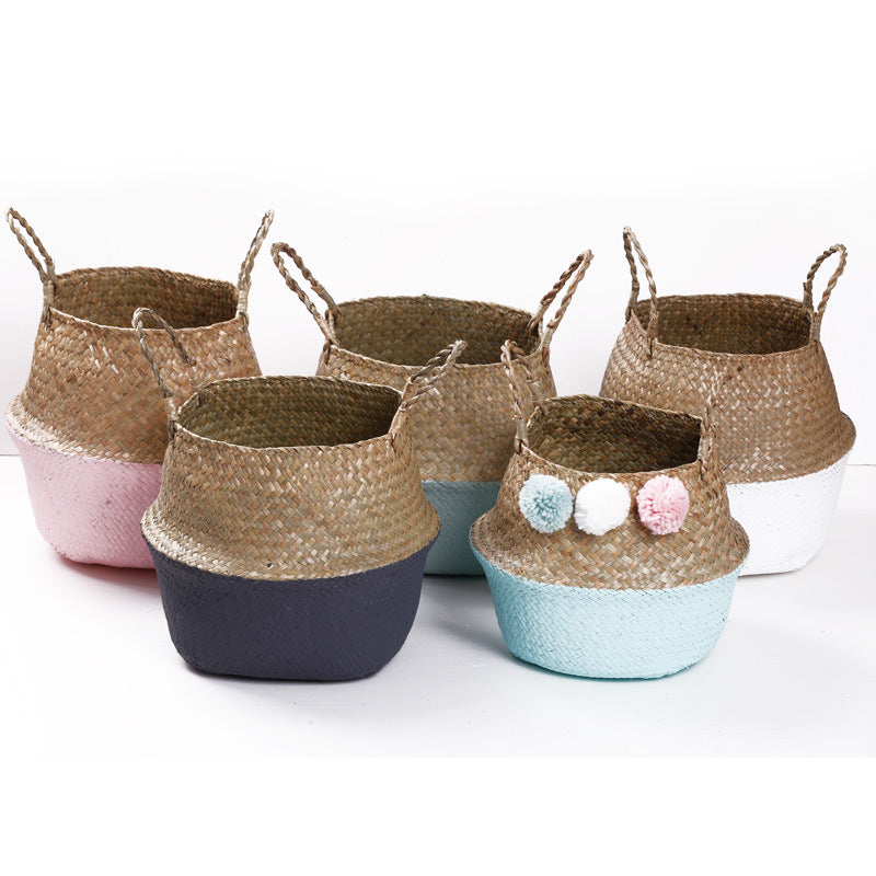 Foldable Seagrass Belly Basket - Woven Planter & Storage with Handles