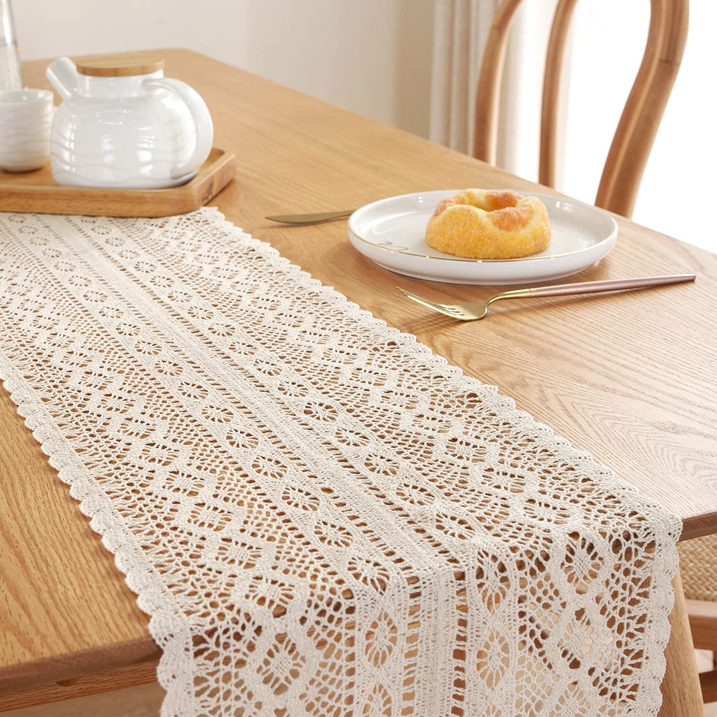 Cotton Lace Table Runner with Tassels, Boho Farmhouse Décor