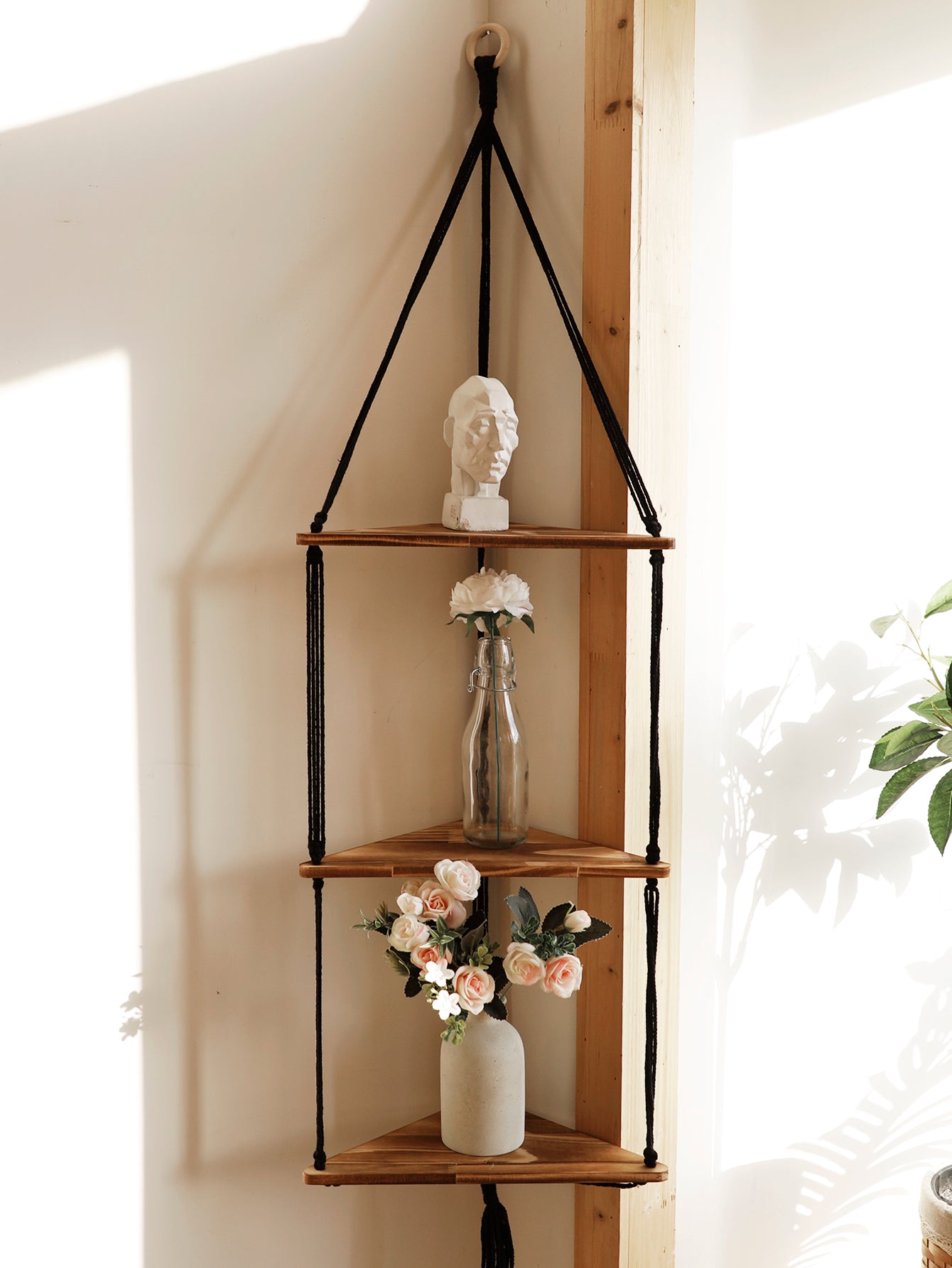 Macrame Triangle Corner Shelf — Hanging Wood Plant Display Stand