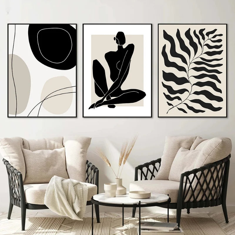 Abstract Boho Canvas Wall Art Set, Beige & Black Line Prints