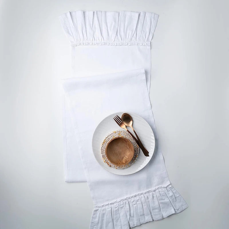 White Cotton Ruffle Table Runner, Rustic Wedding Farmhouse