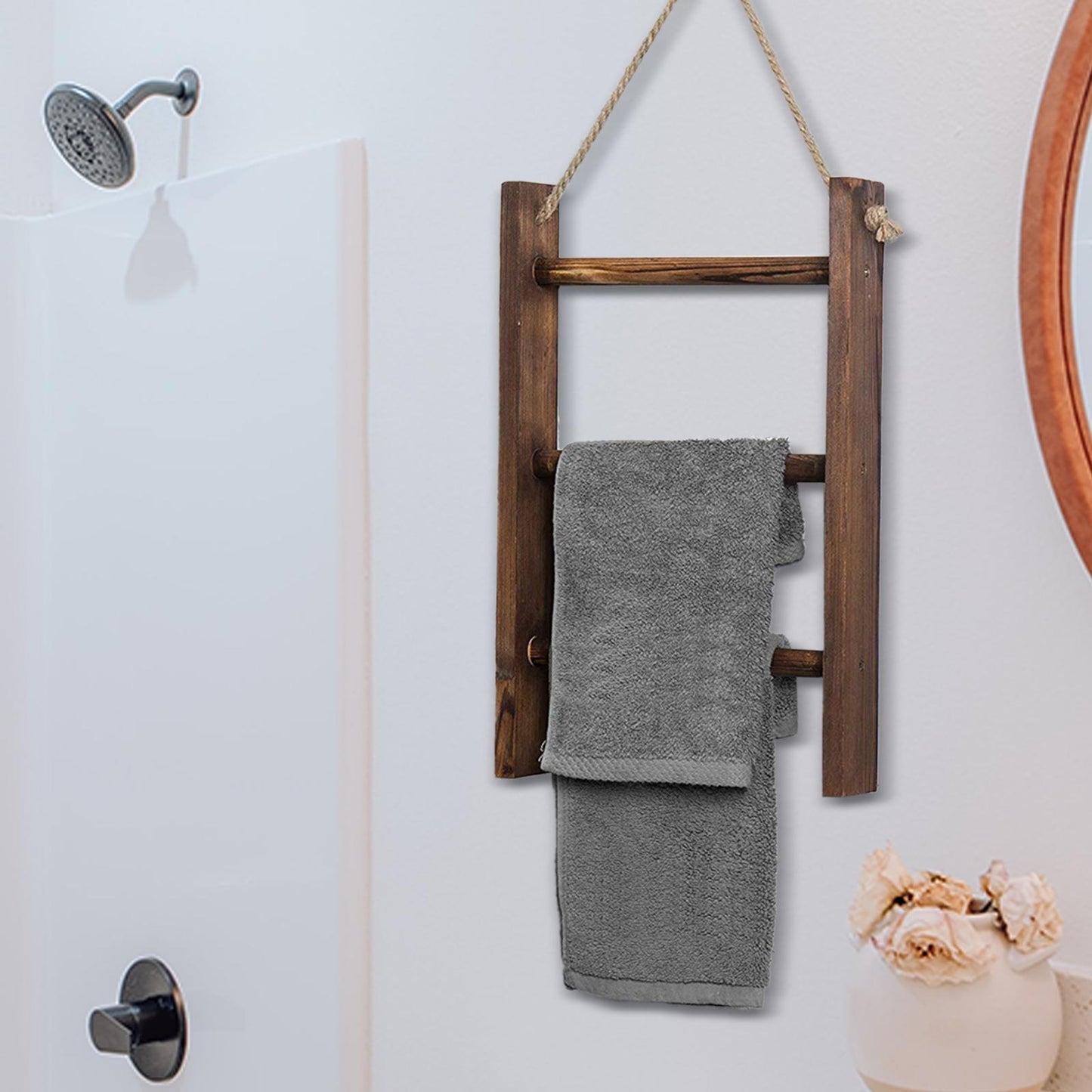 Rustic Wood Hanging Towel Ladder, 3-Tier Rope-Hung Bathroom Rack
