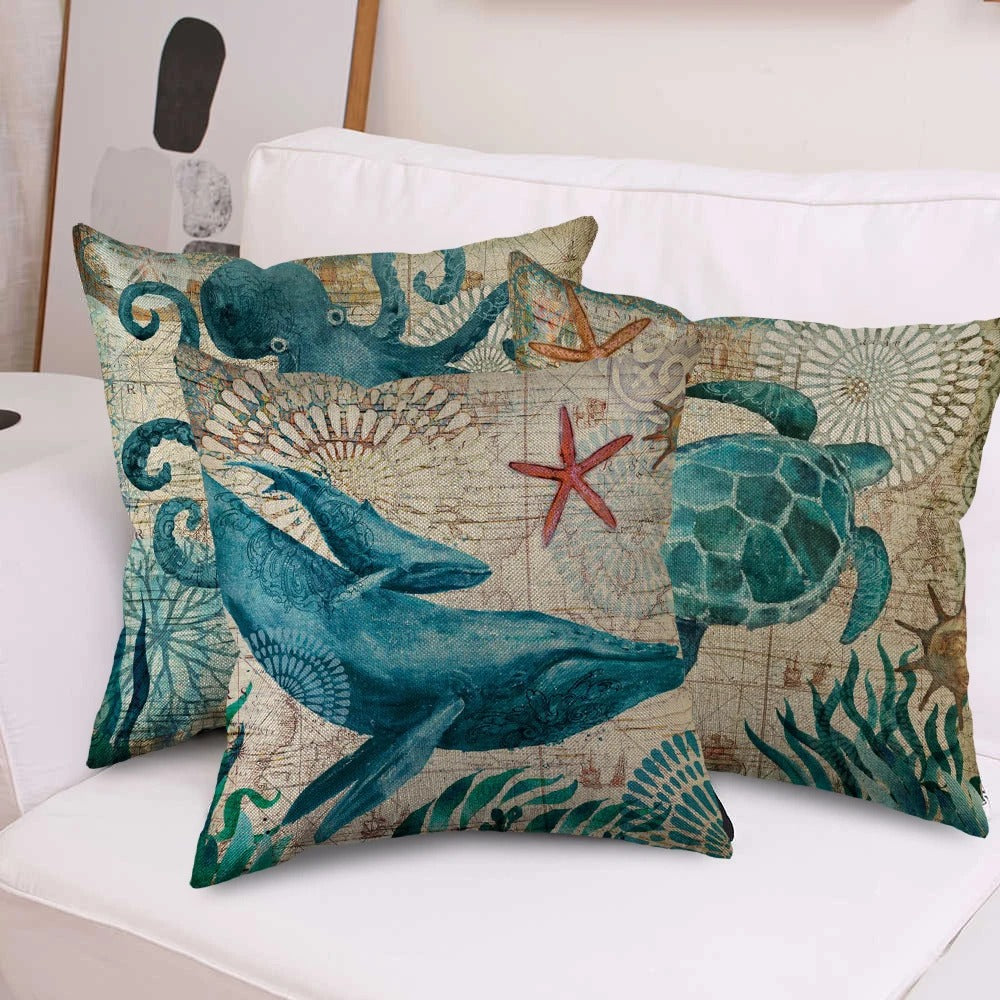 Marine Life Throw Pillow Covers, Turtle Whale Octopus Cushion Covers