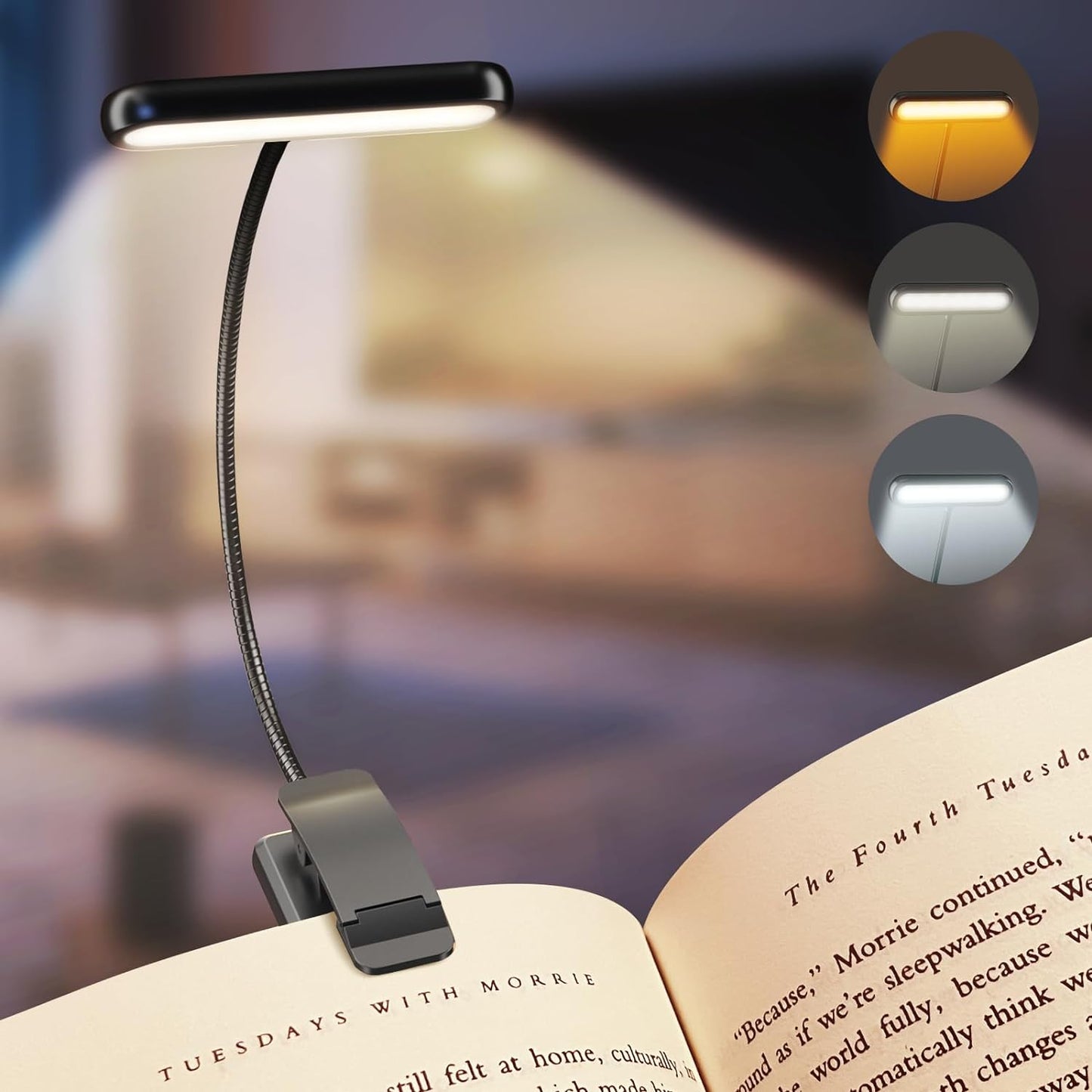 Rechargeable Clip-On Book Light 14 LED 3 Color Modes for Reading
