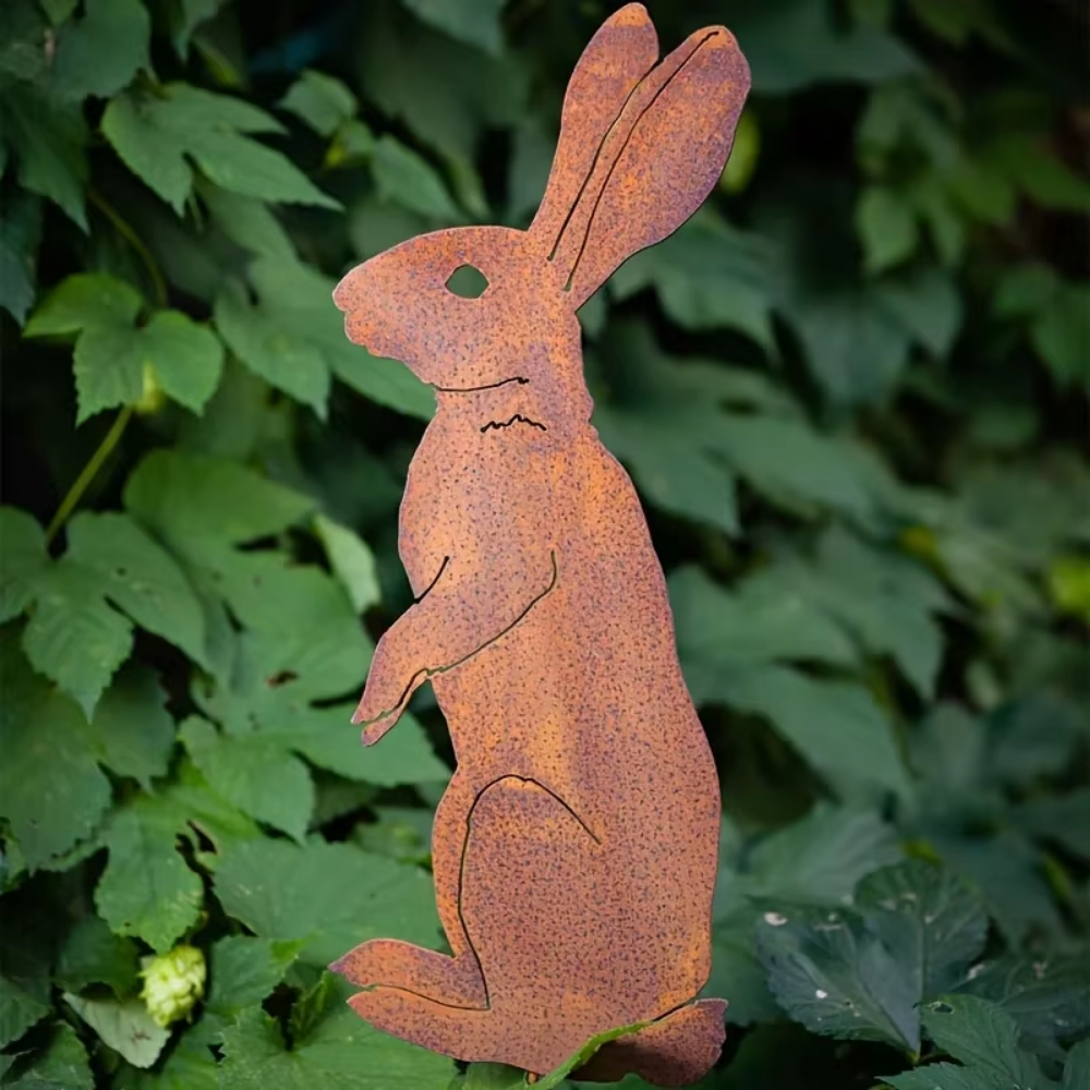Rustic Metal Rabbit Garden Stake - Rusty Bunny Silhouette Yard Art