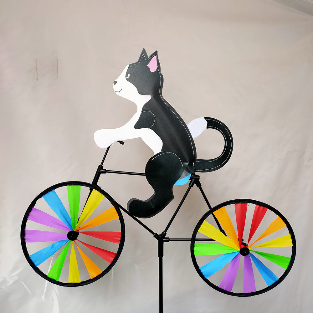 Cartoon Cat Bicycle Wind Spinner Garden Stake Rainbow Pinwheel Decor