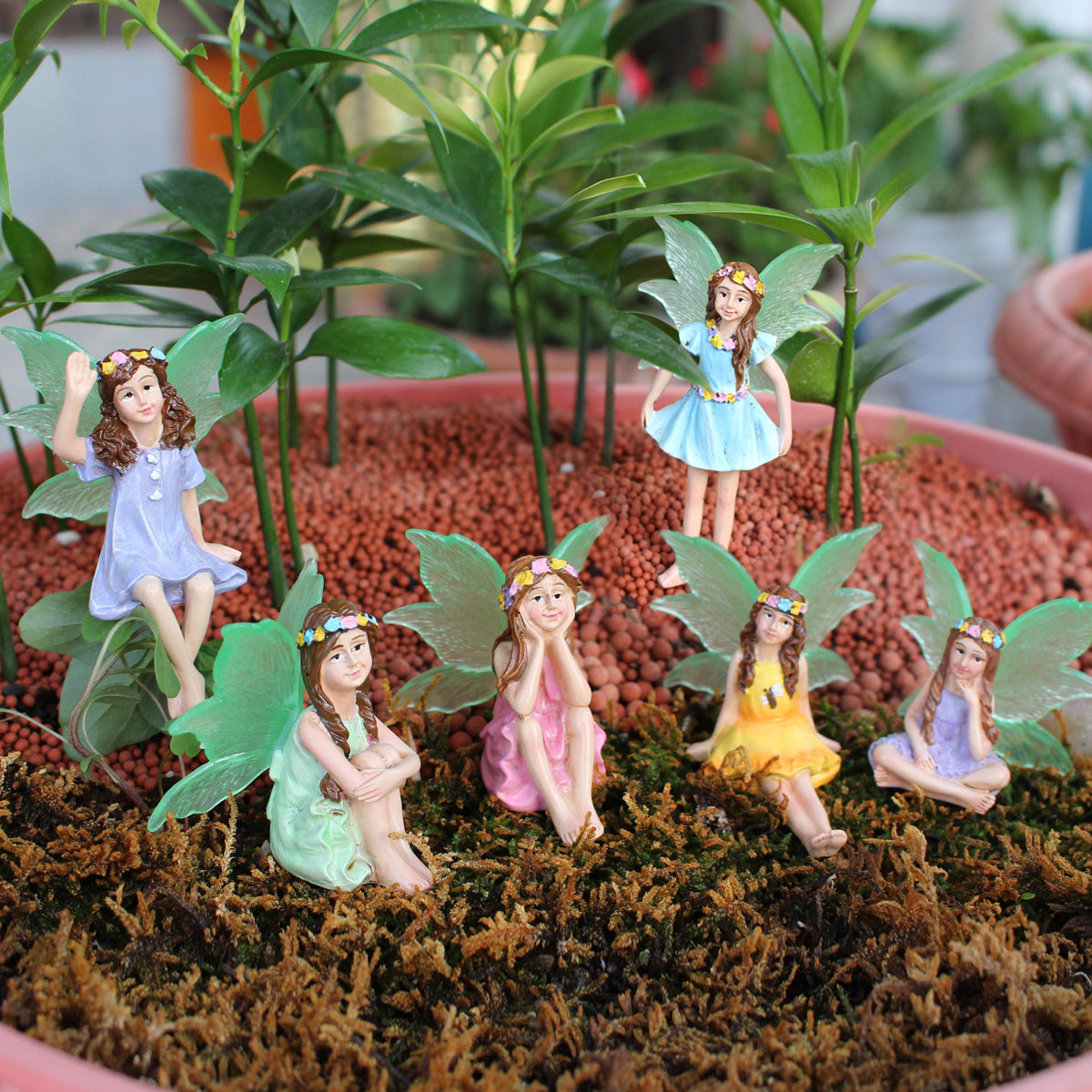 Glow-in-the-Dark Fairy Garden Set - 6 Resin Flower Fairy Statues