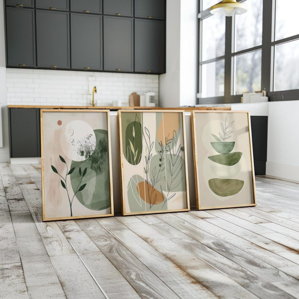 Botanical Boho Wall Art Set, Earthy Floral Abstract Plant Prints