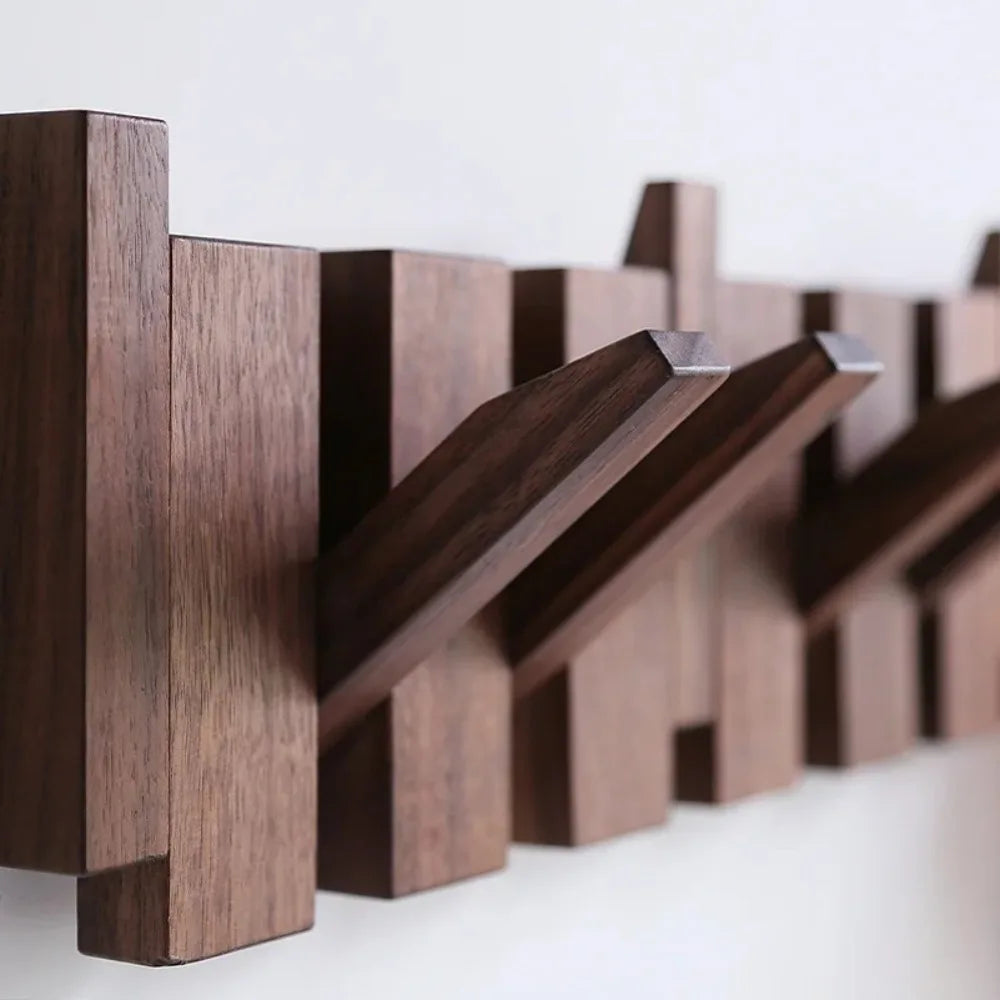 Walnut Wood Wall Coat Rack with 8 Fold-Down Flip Hooks