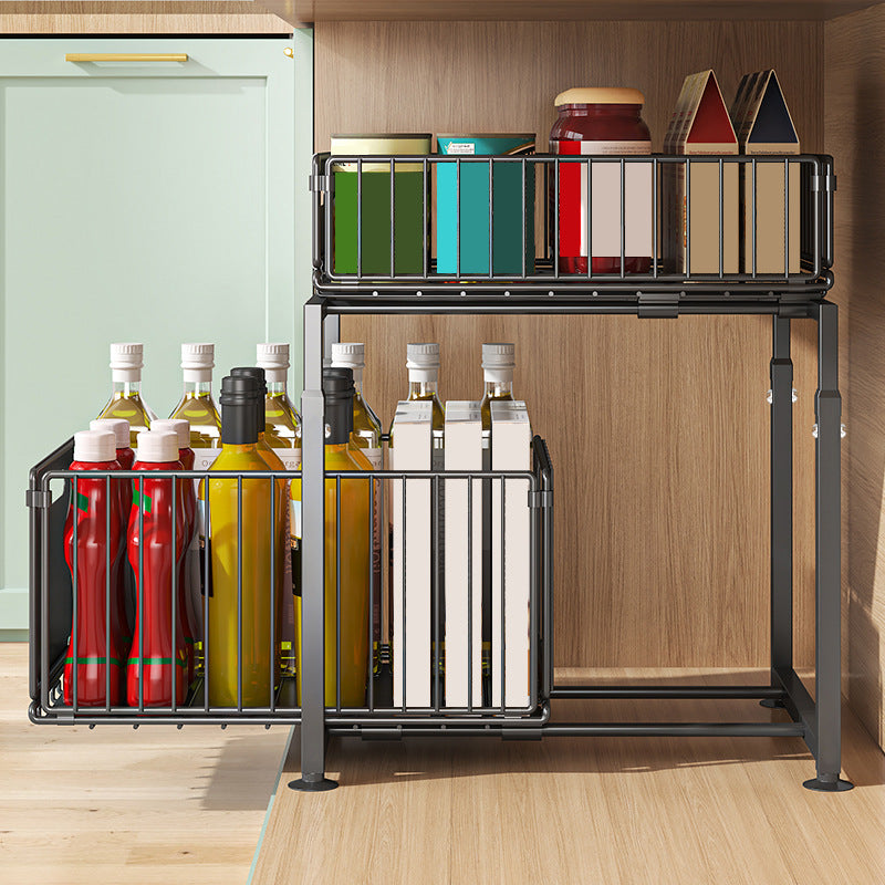 2-Tier Pull-Out Sink Storage Rack with Cups & Side Hooks