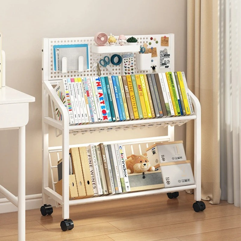 Rolling Multi-Tier Bookcase & Magazine Rack with Pegboard