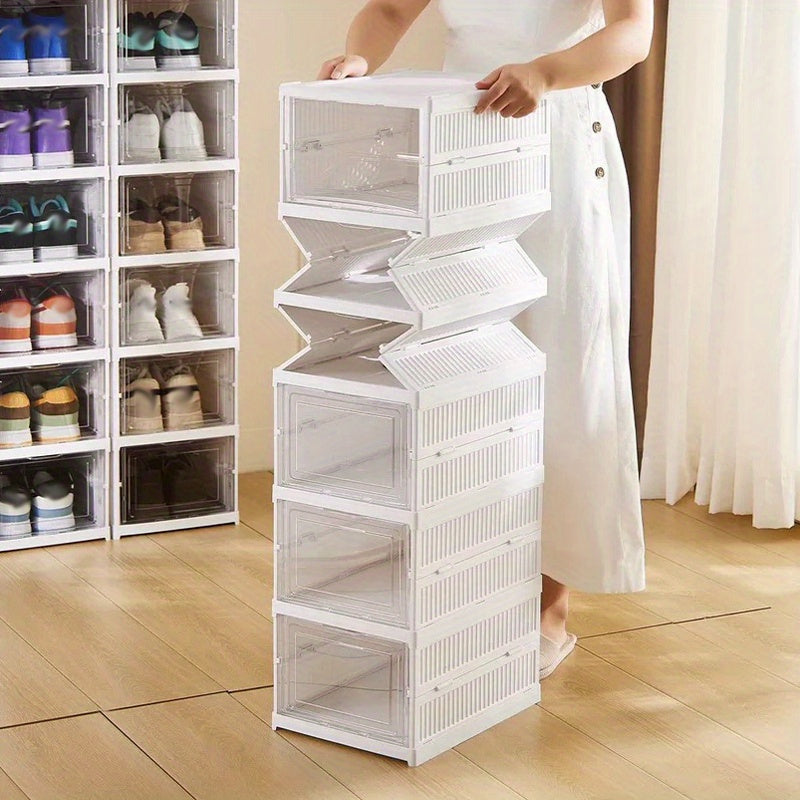 Stackable Shoe Storage Box, Clear Drop-Front Organizer with Door