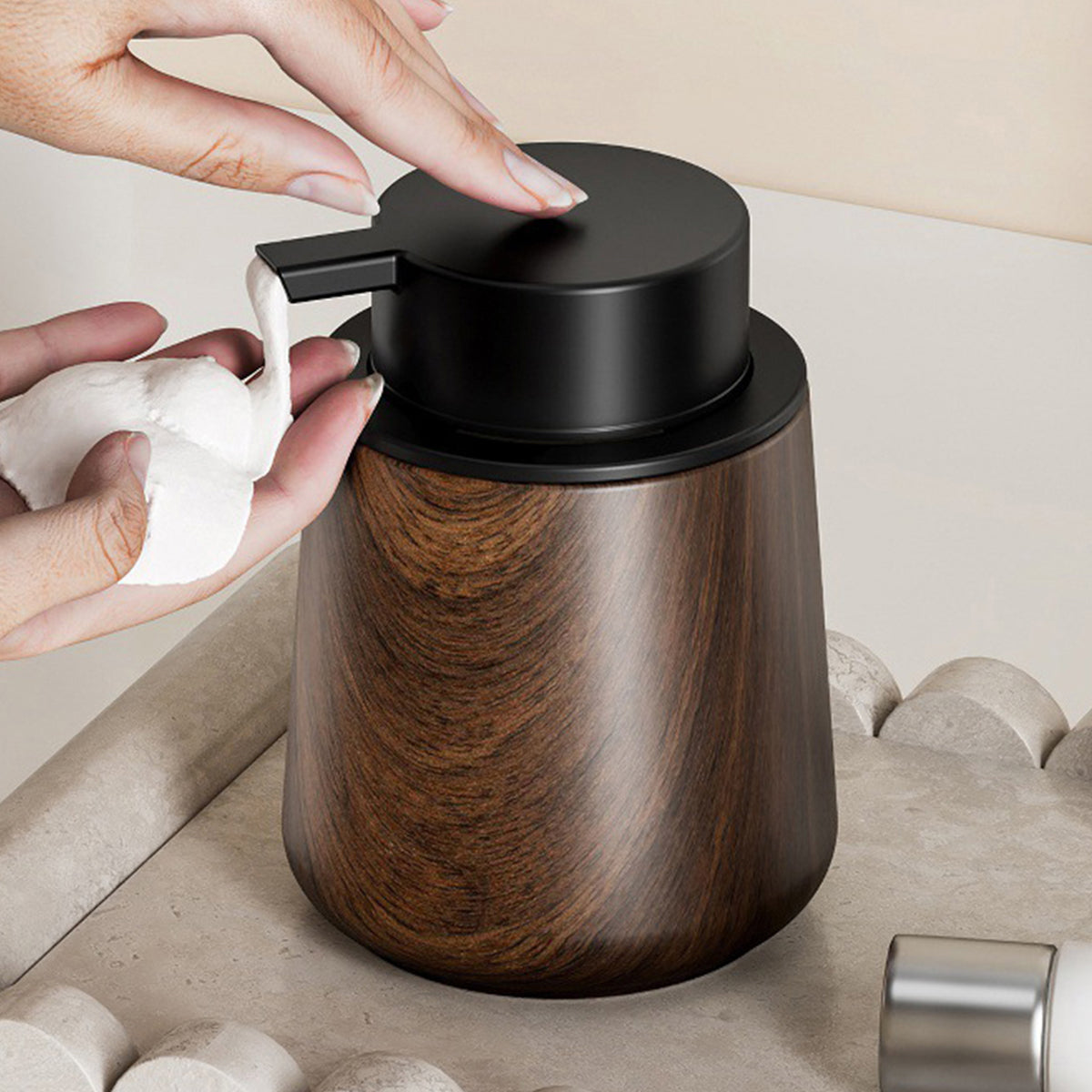 Wood-Grain Bathroom Set Soap Dispenser & Toothbrush Holder Cup