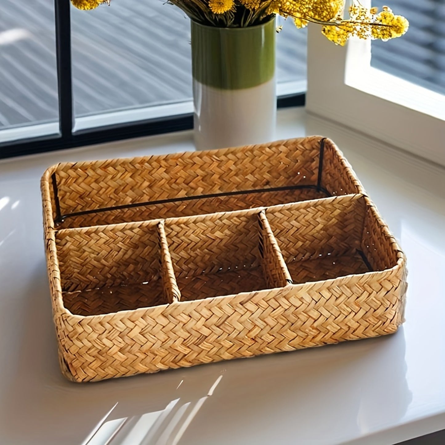 Seagrass Desk Organizer Basket - Woven Divided Storage Tray