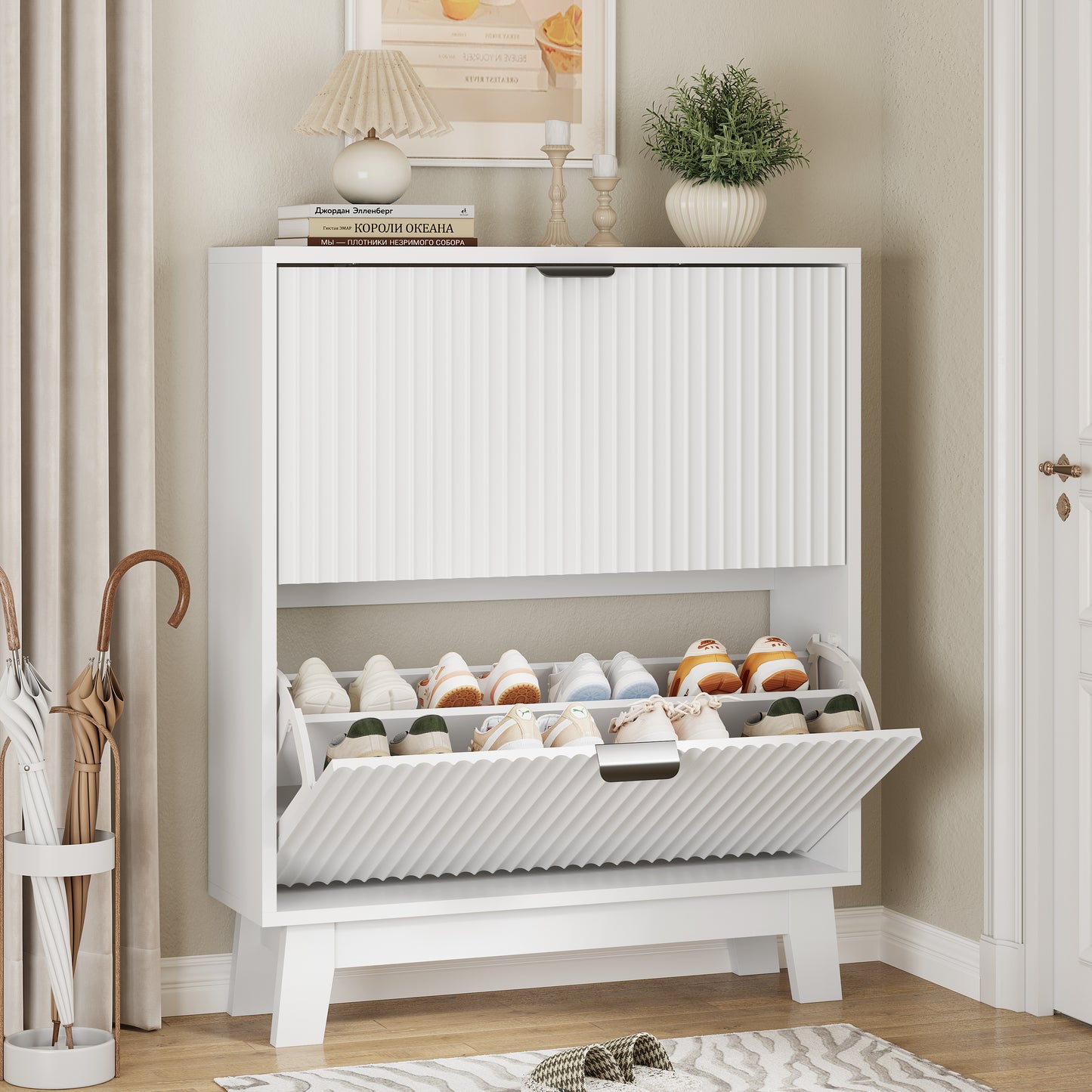 2-Drawer Flip Shoe Cabinet, Slim Fluted Entryway Storage Organizer