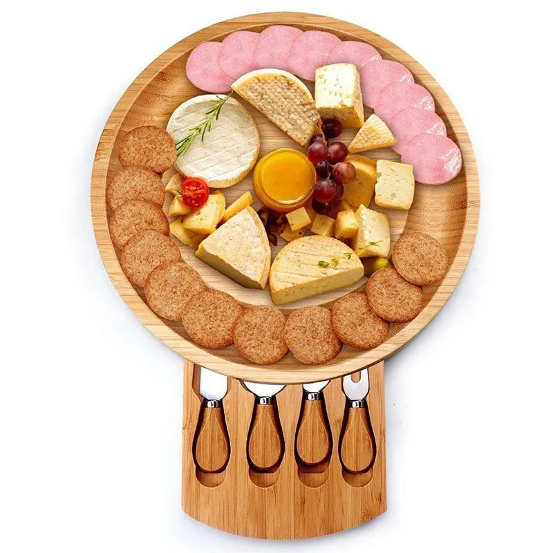 Bamboo Cheese Board & Knife Set β Swivel Charcuterie Platter with Tools