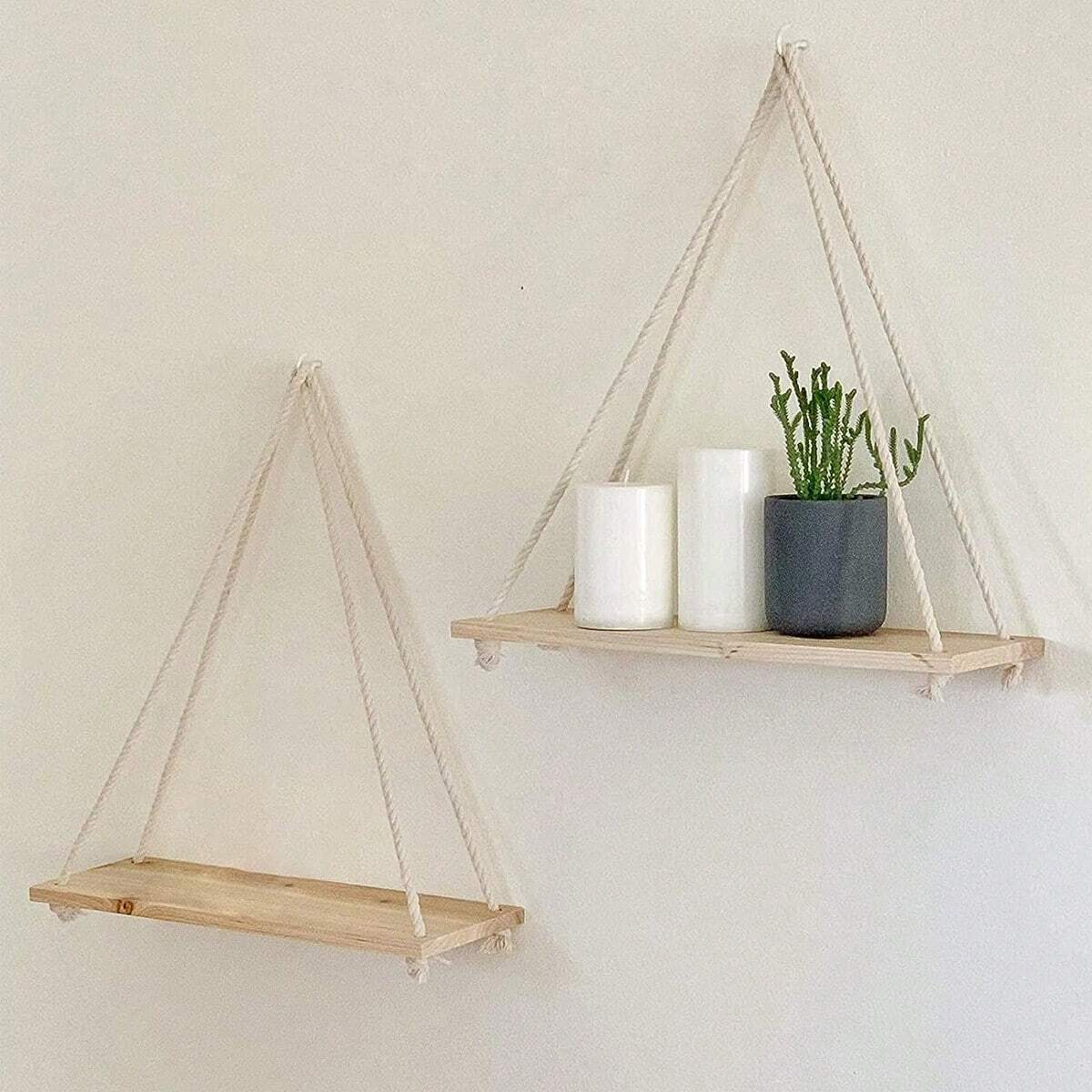 Hanging Rope Wall Shelf — Wood Swing Plant & Decor Display Rack