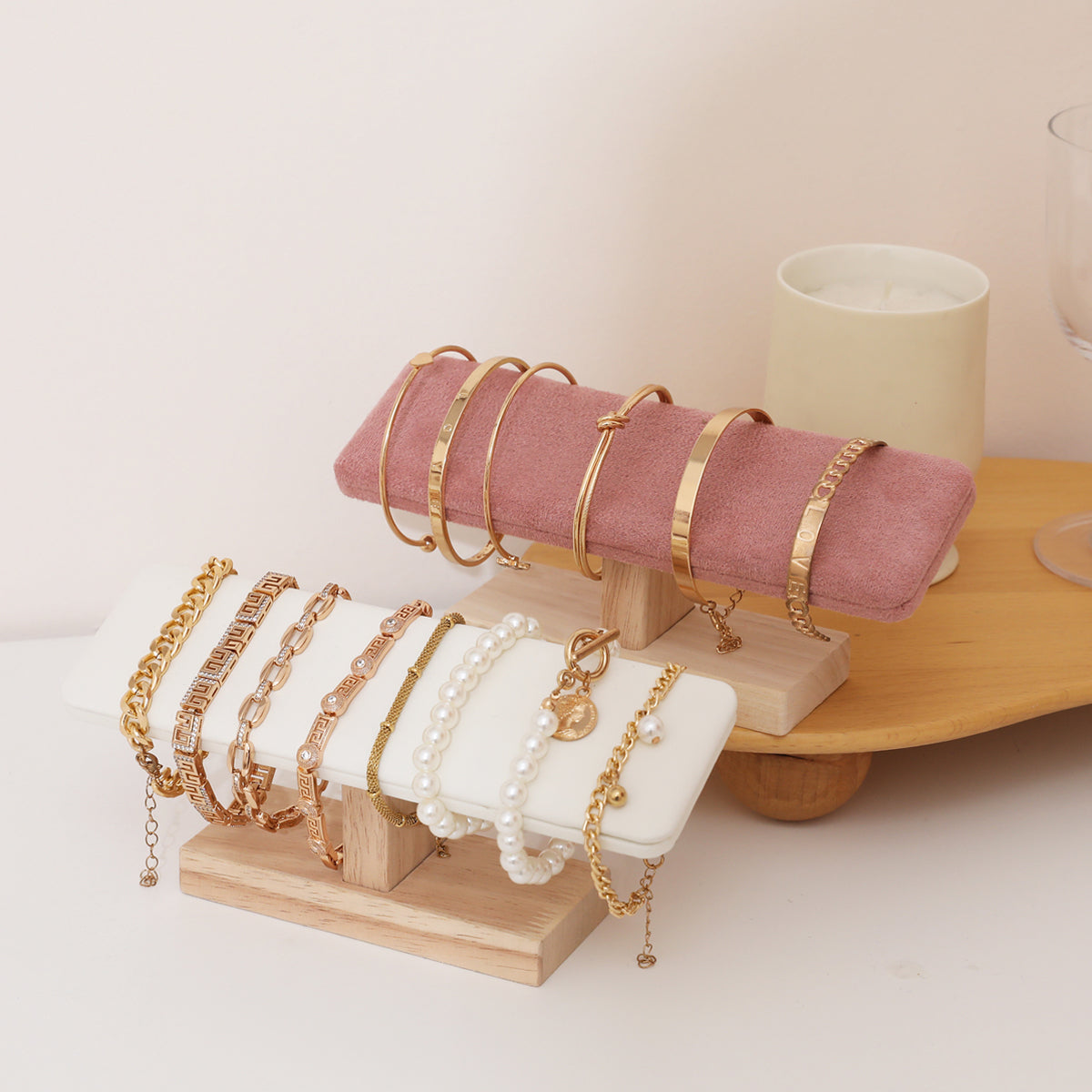 Wooden T-Bar Bracelet Display Rack, PU Leather & Velvet Holder