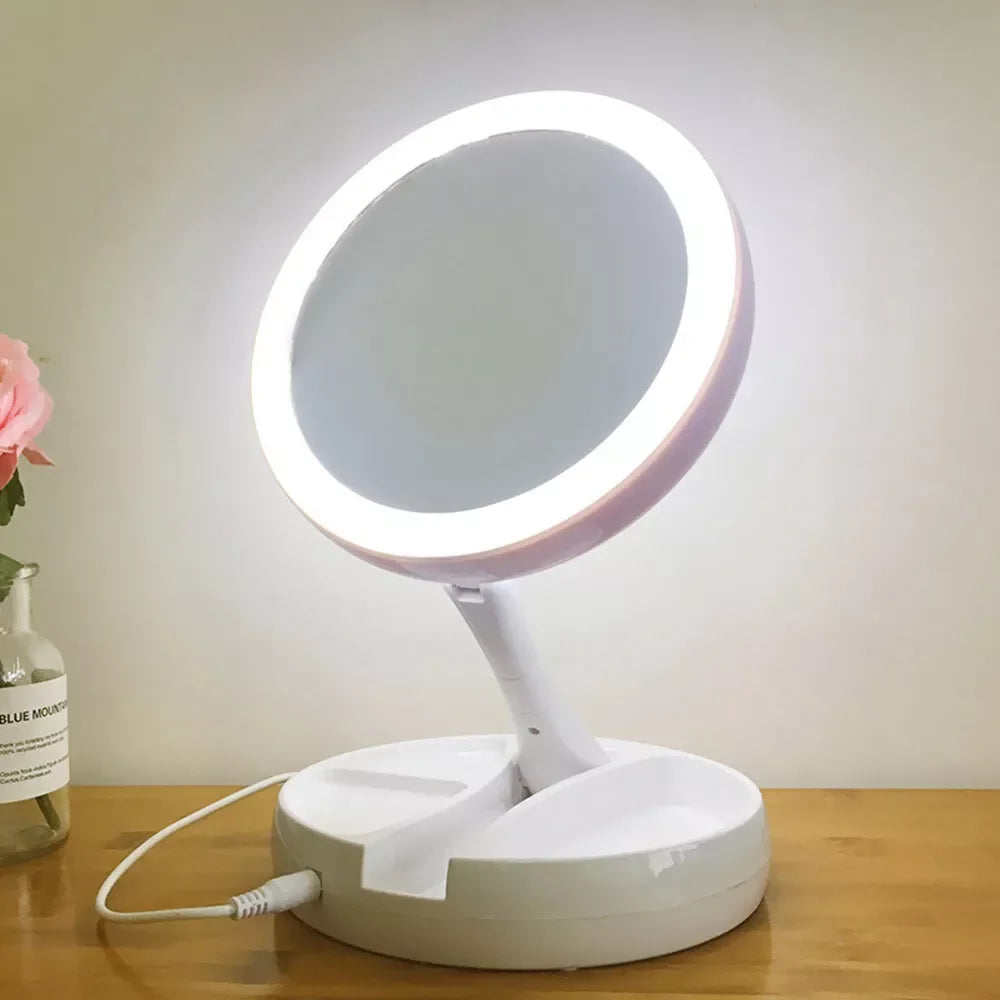 Double-Sided LED Makeup Mirror — Folding 1x/10x Magnifying Lighted Vanity Mirror for Bathroom