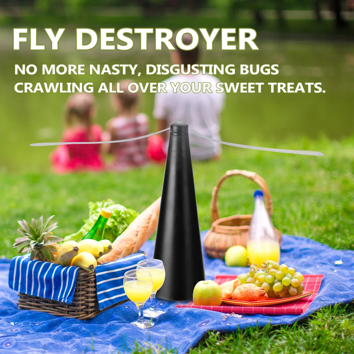 Fly repellent table fan with reflective spinning blades for food