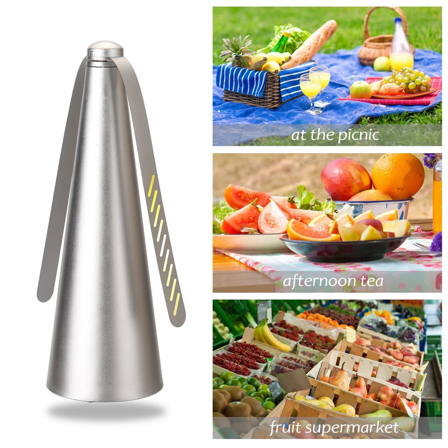 Fly repellent table fan with reflective spinning blades for food