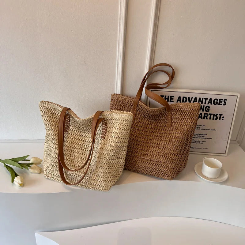 Hand-Woven Boho Straw Beach Tote — Summer Shoulder Handbag for Women