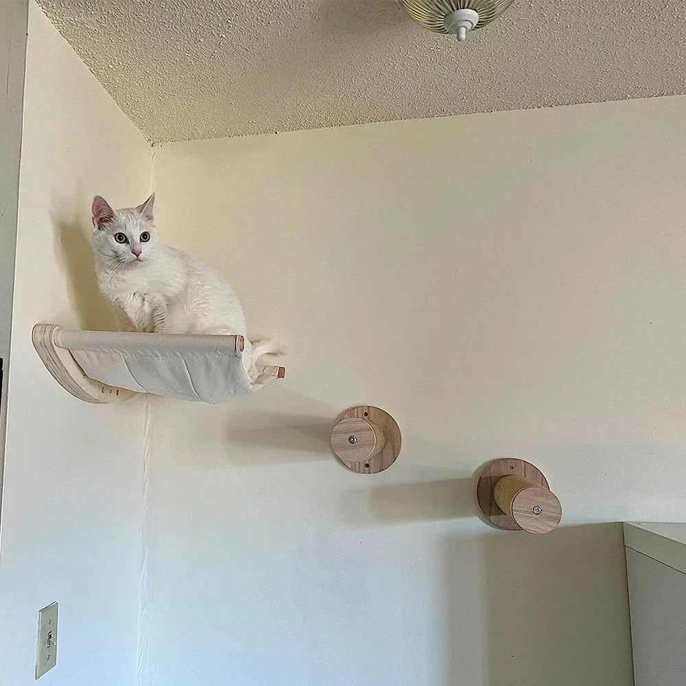 Wall Mounted Cat Climbing Shelves, Wood Bridge and Hammock Set