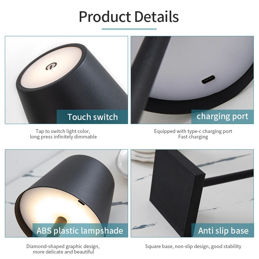 Rechargeable Cordless Table Lamp Touch Dimmable 3 Brightness Levels