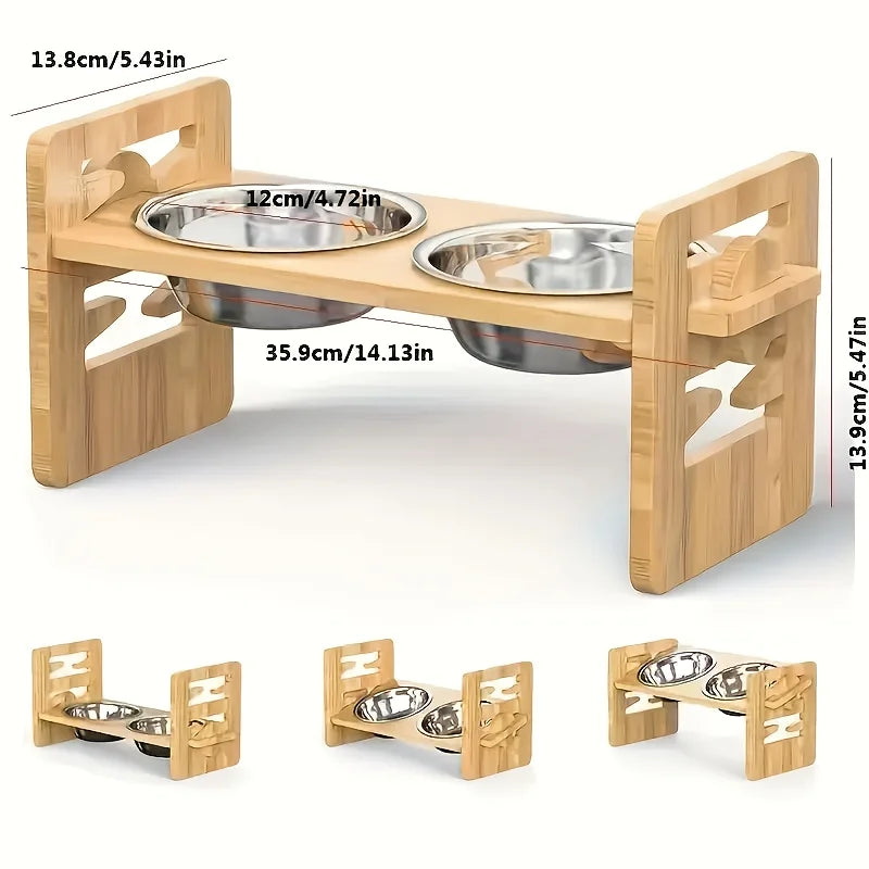Bamboo Elevated Double-Bowl Cat Feeding Station with Stainless Bowls