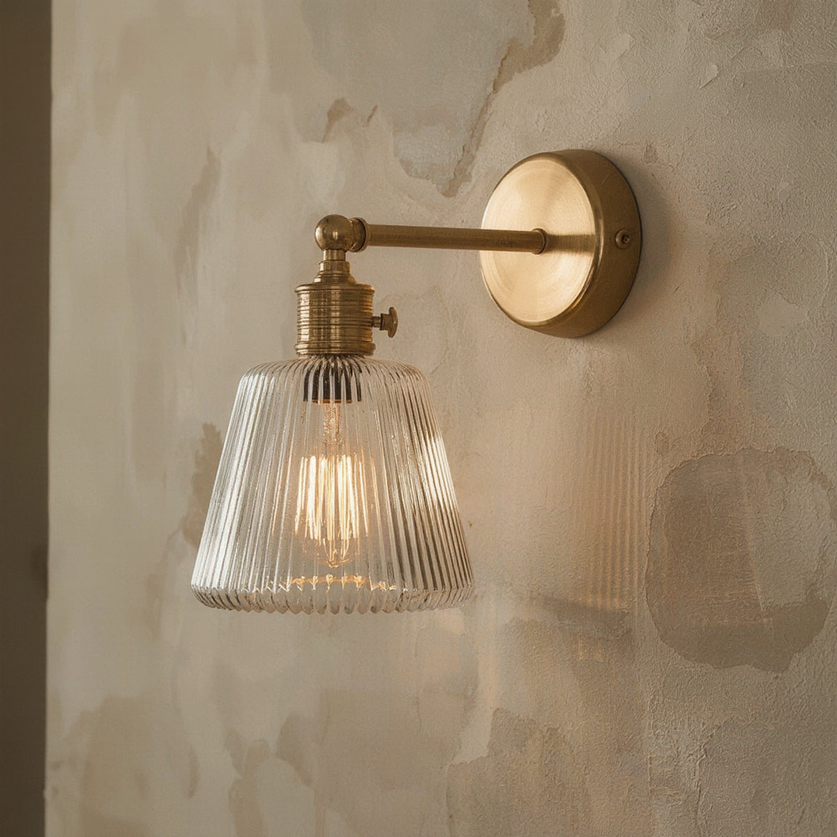 Brass Wall Sconce, Ribbed Glass Shade - lighting fixture, view 3 of 3