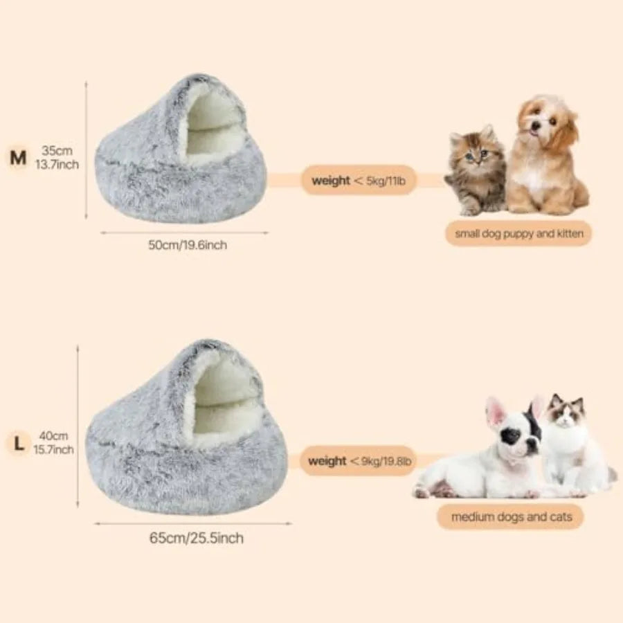 Hooded Burrow Cave Bed for Small Dogs and Cats, Plush