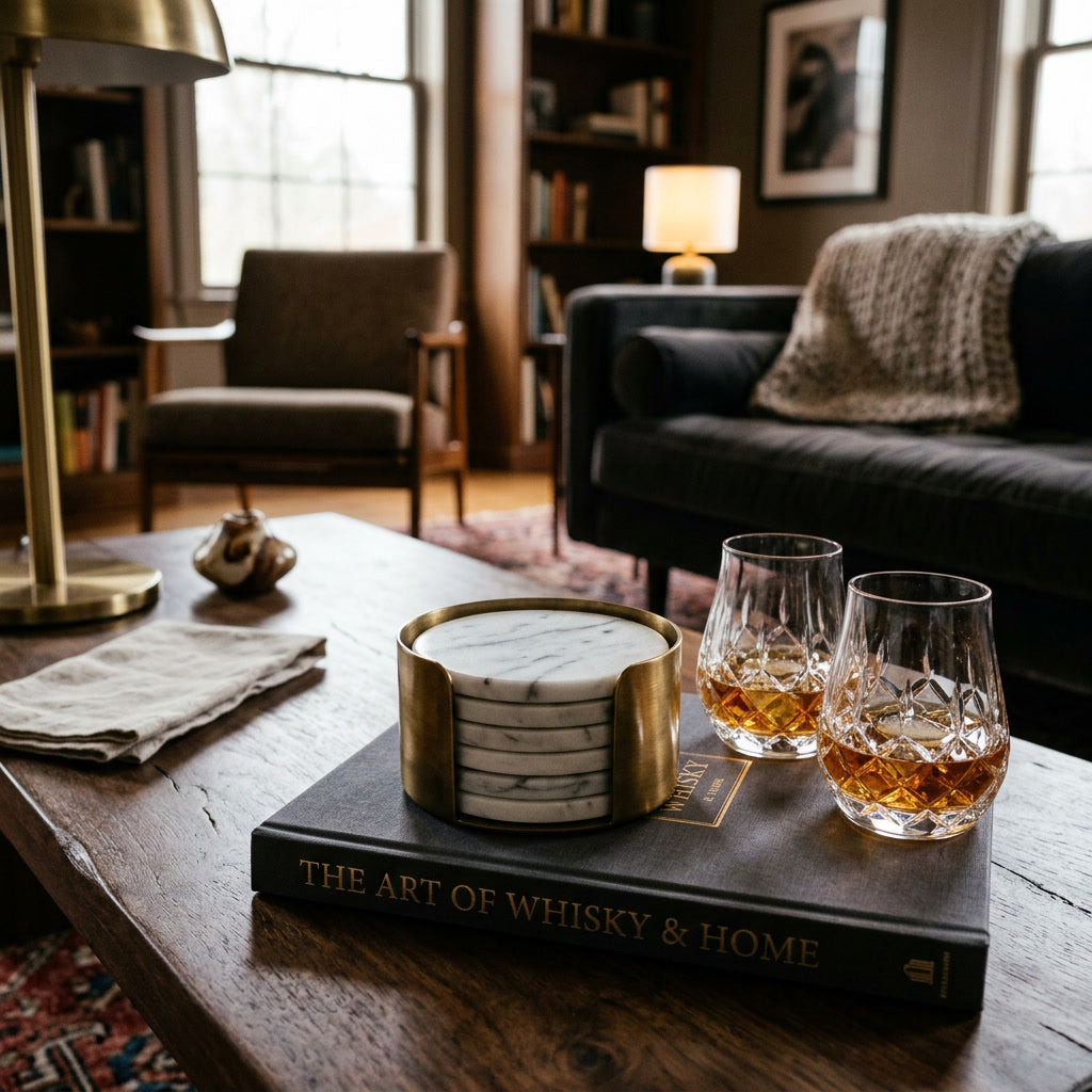 Marble Coaster Set Gold Holder — lifestyle
