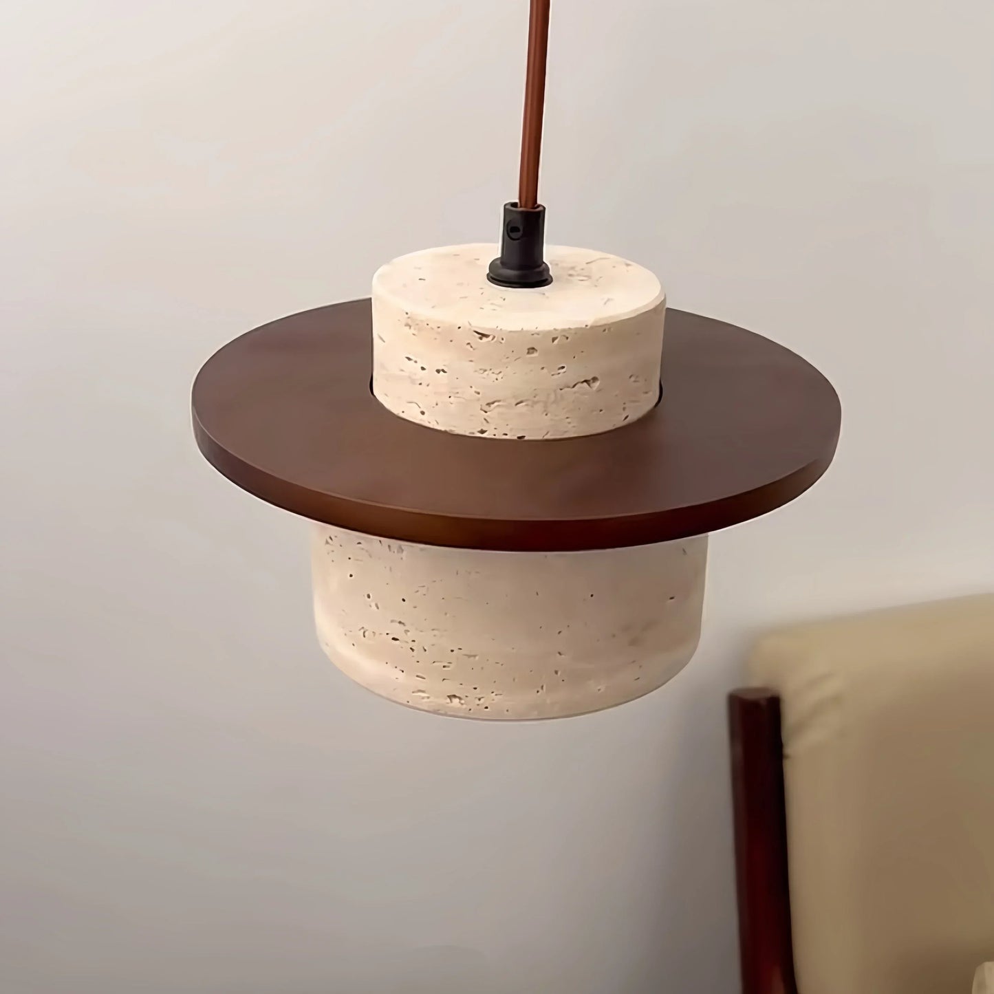 Travertine & walnut pendant light, close detail of natural stone shade