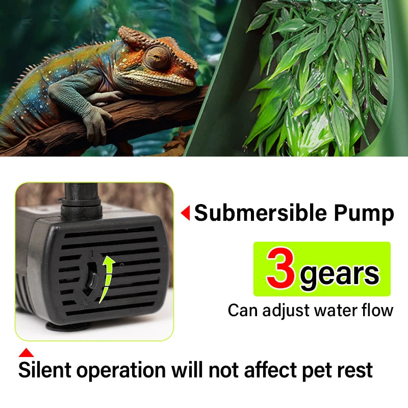 Quiet 3-speed submersible pump circulates water without disturbing your reptile