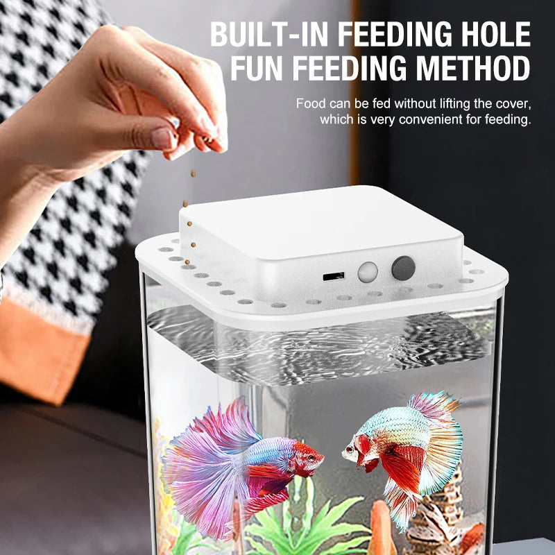 Desktop Betta Fish Tank with Motion-Sensor LED Light β Shatterproof, Built-In Feeding Hole