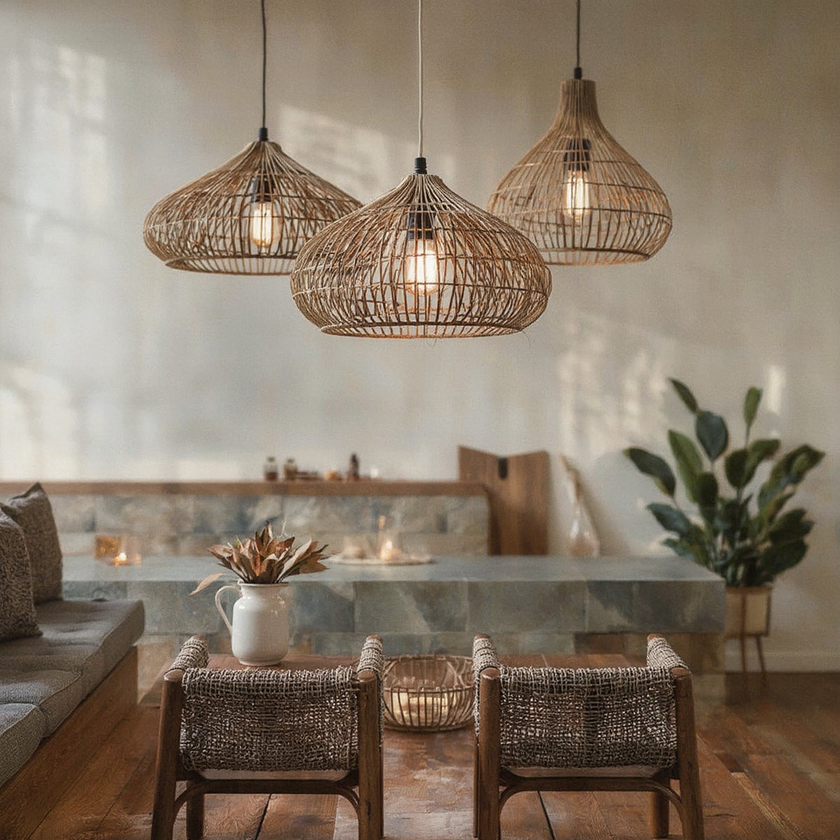 Wabi-Sabi Rattan Pendant Light, Hand-Woven - lighting fixture, view 3 of 3