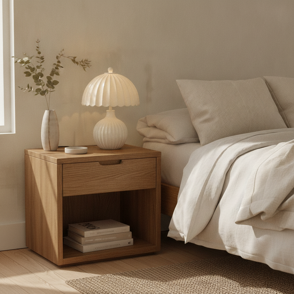 Scalloped Ceramic Table Lamp — Cream, Dimmable LED, 14 in Bedside Lamp