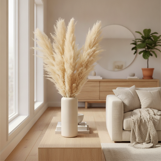 Dried Pampas Grass 5 Stems 43-47 in Tall, Cream Boho Fall Vase Filler
