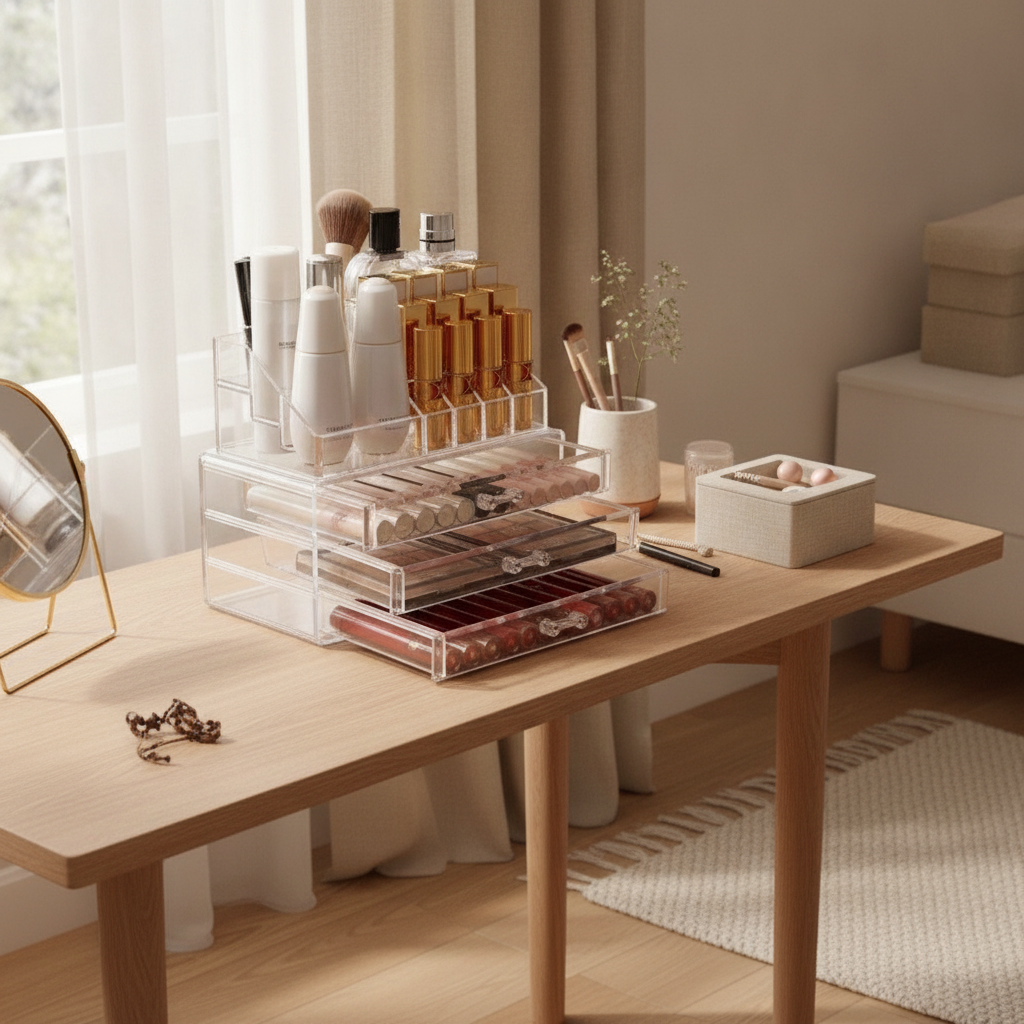 Makeup Organizer with 4 Drawers — Clear Acrylic Vanity & Desk Storage
