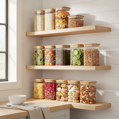 Glass Pantry Canister Set of 9 — Airtight Food Storage, Bamboo Lids