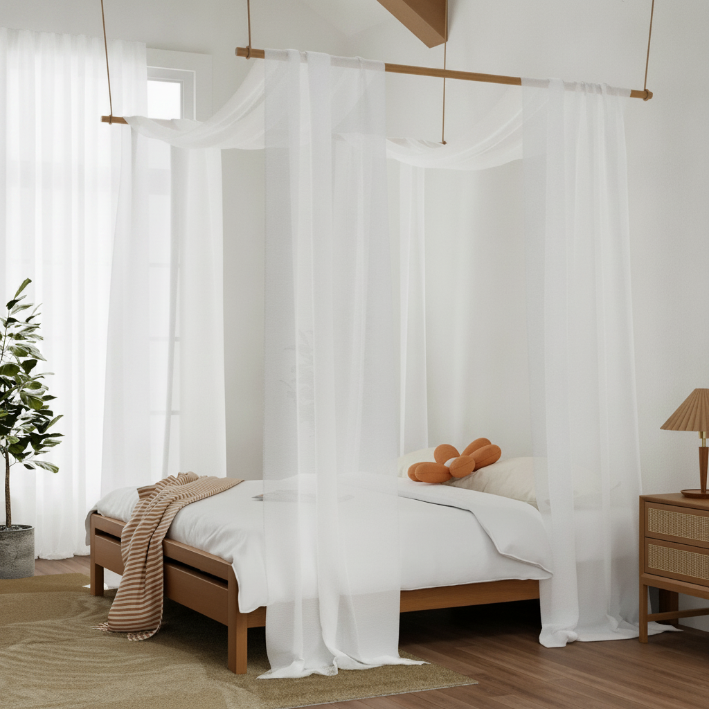 Sheer Bed Canopy Curtain, Queen — White Voile Four-Poster Drape