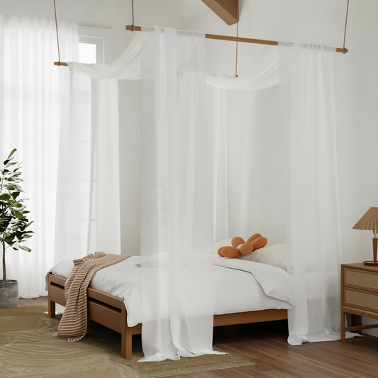 Sheer Bed Canopy Curtain, Queen — White Voile Four-Poster Drape