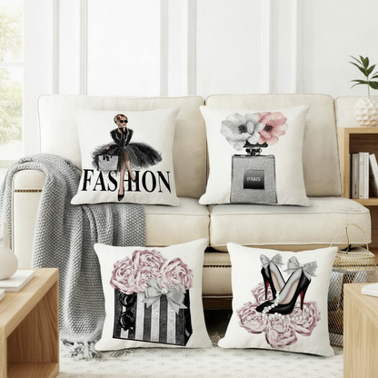 Fashion Throw Pillow Covers 18x18 Set of 4 — Paris Glam (Perfume, Heels, Peonies), Couch & Bed