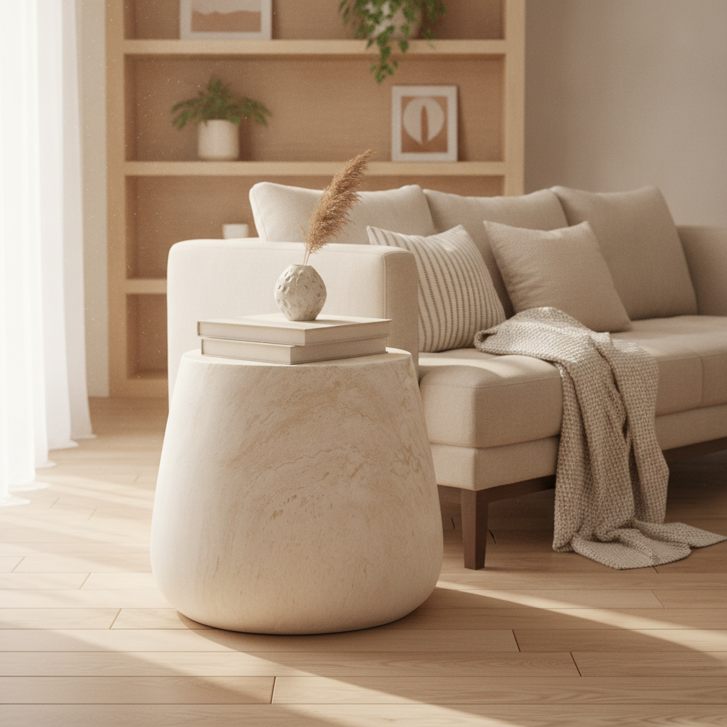 Travertine-Look Round Side Table — Pedestal Accent & End Table
