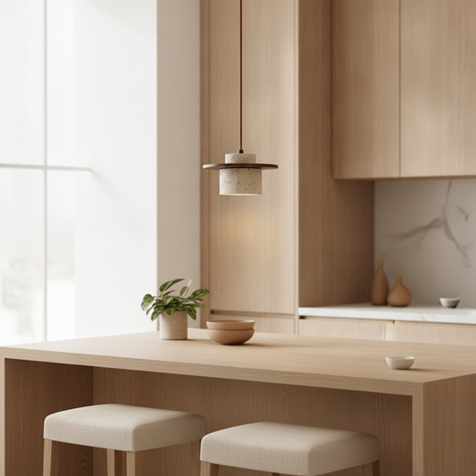 Travertine Mini Pendant Light, G9 Hanging Lamp — Walnut-Tone Accent