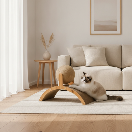 Wooden Cat Scratcher with Sisal Ball & Curved Scratch Pad