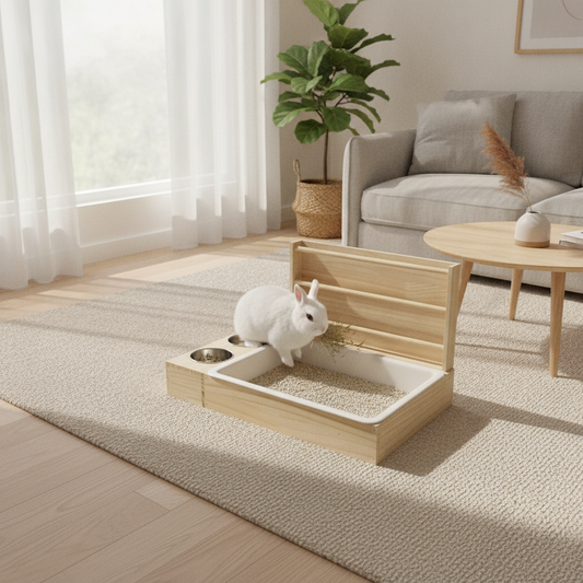 3-in-1 Wooden Rabbit Hay Feeder with Litter Box & Bowls