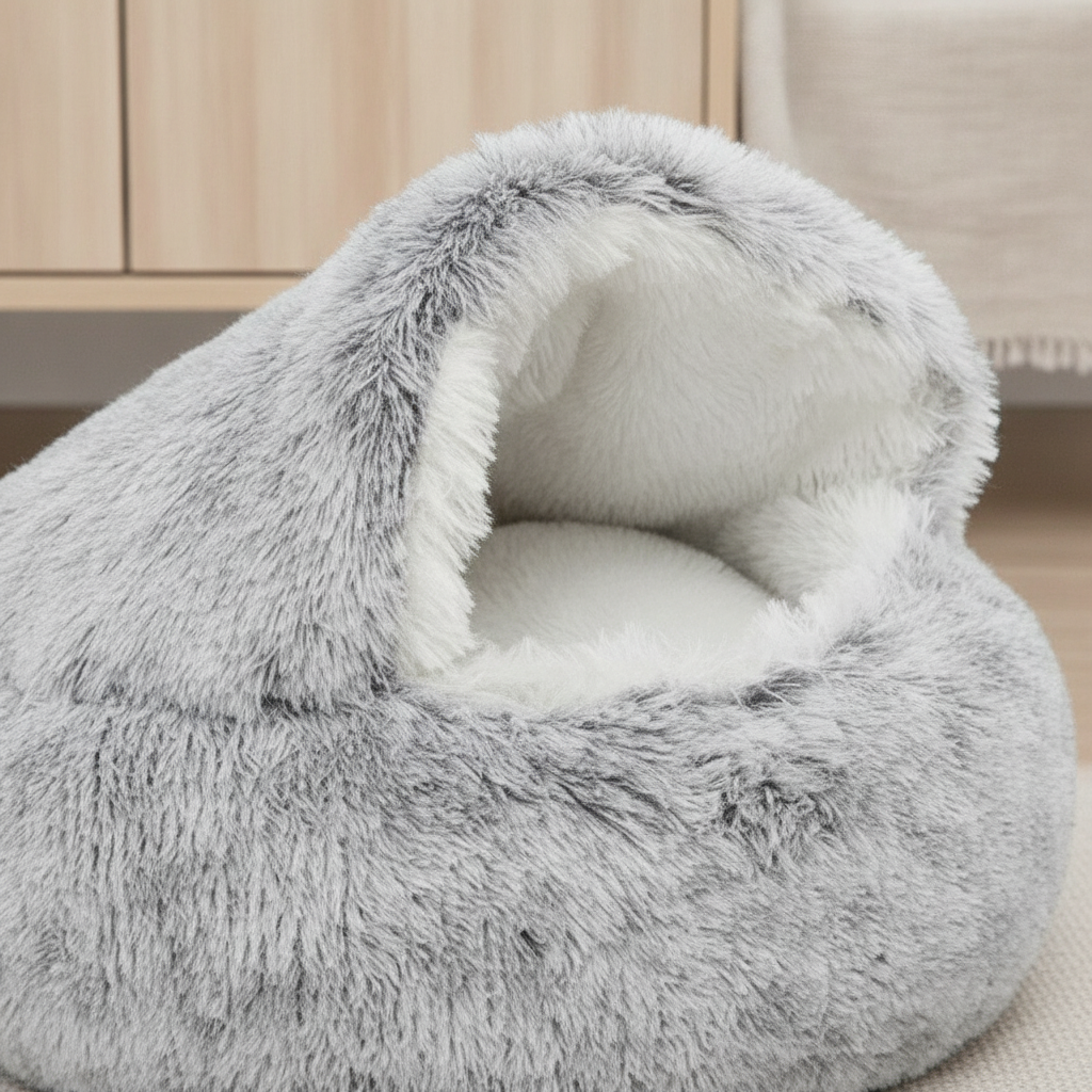 Hooded Burrow Cave Bed for Small Dogs and Cats, Plush