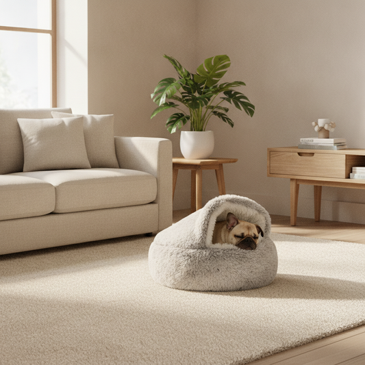 Hooded Burrow Cave Bed for Small Dogs and Cats, Plush